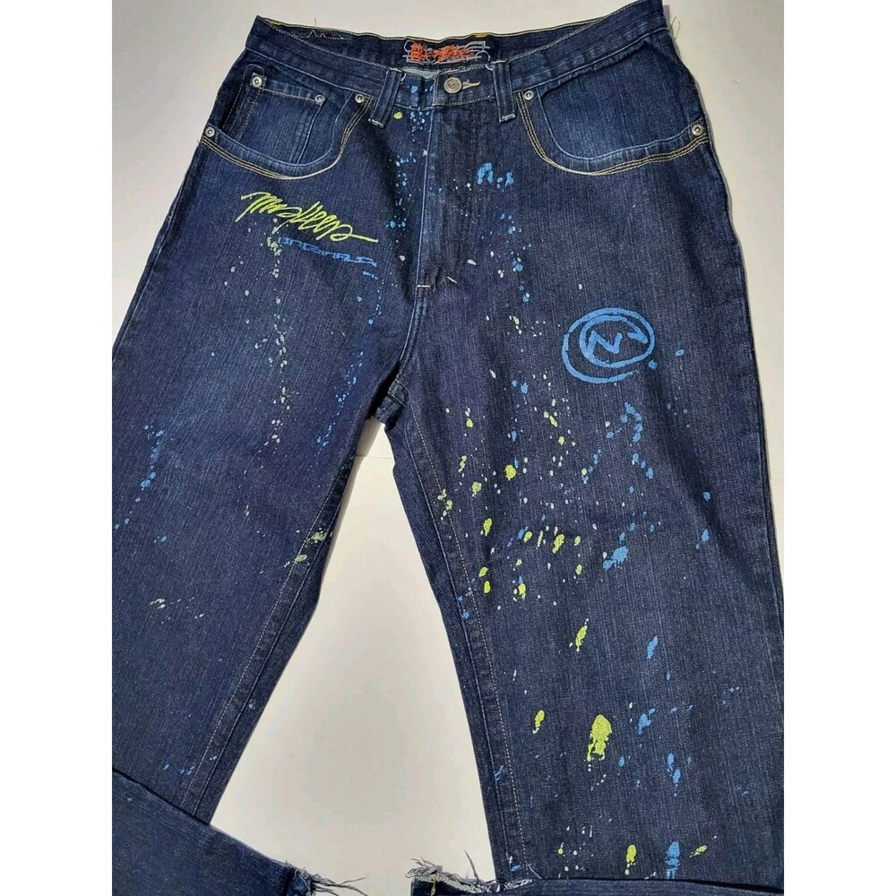Miskeen Jeans Men's Size 36 x 34 Baggy Y2K Hip Hop Skater Painted Embroidered